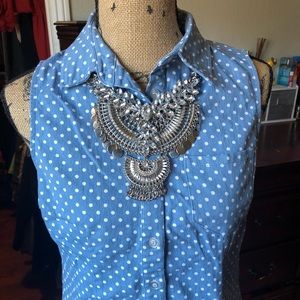 Blue polka dot sleeveless button down